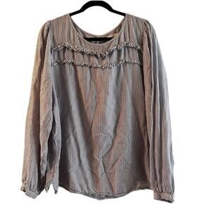 LOFT navy and white striped blouse ruffle detail on top Size XL